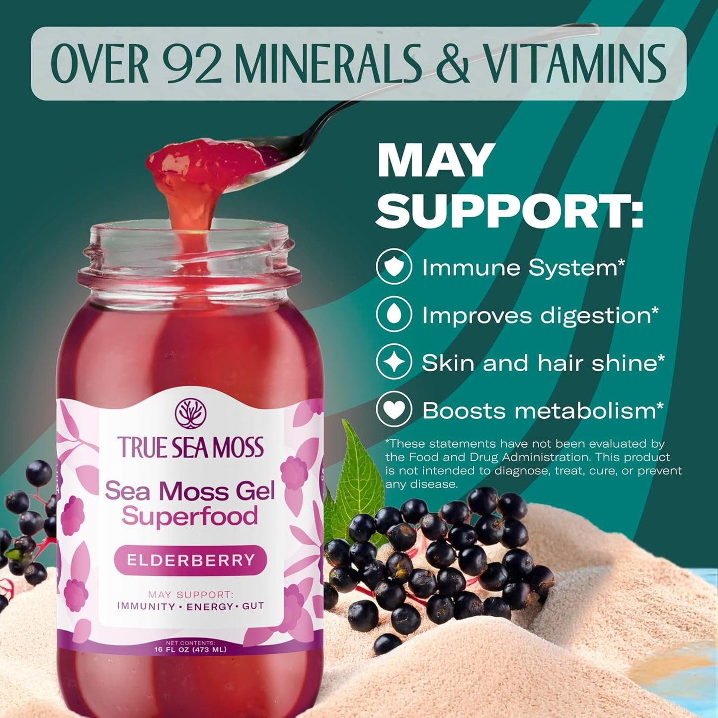 True Sea Moss Wildcrafted Irish Sea Moss Gel Supplement with Organic Elderberry 16 Fl oz