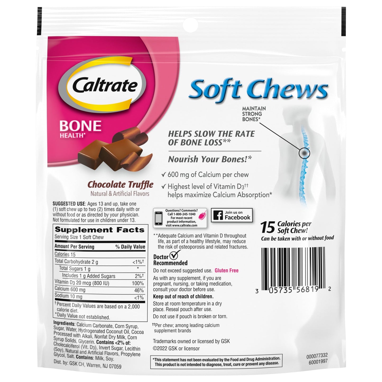 Caltrate Soft Chews 600+D3 Calcium Vitamin D Supplement, Chocolate Truffle - 60 Count