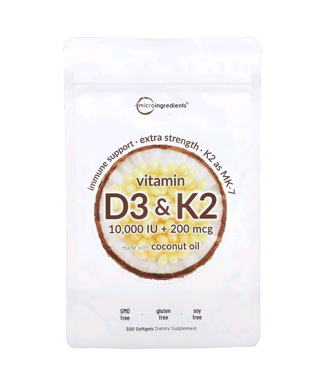 Micro Ingredients Vitamin D3 10,000 IU + K2 MK-7 200 mcg, 300 Softgels | Virgin Coconut Oil | 2-in-1 Bone, Immune & Heart Support | Easy to Swallow, Non-GMO