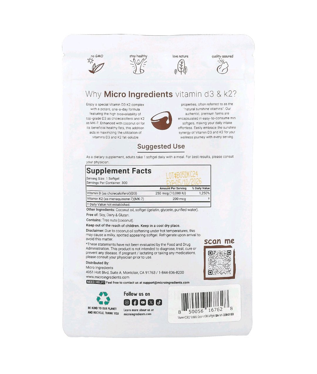 Micro Ingredients Vitamin D3 10,000 IU + K2 MK-7 200 mcg, 300 Softgels | Virgin Coconut Oil | 2-in-1 Bone, Immune & Heart Support | Easy to Swallow, Non-GMO