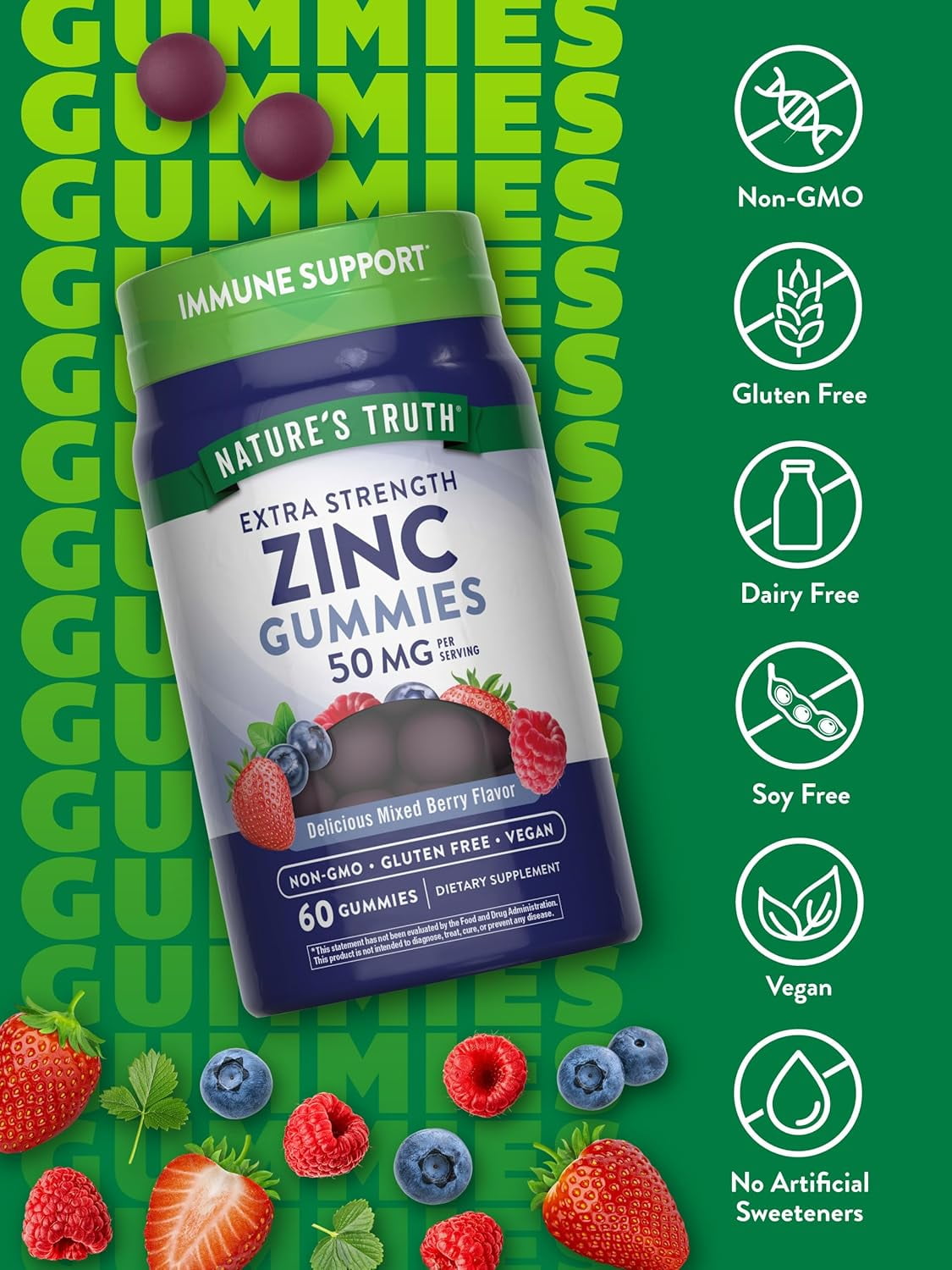 Zinc Gummies | 50mg | 60 count | Mixed Berry Flavor | For Men and Women | by Natures Truth
