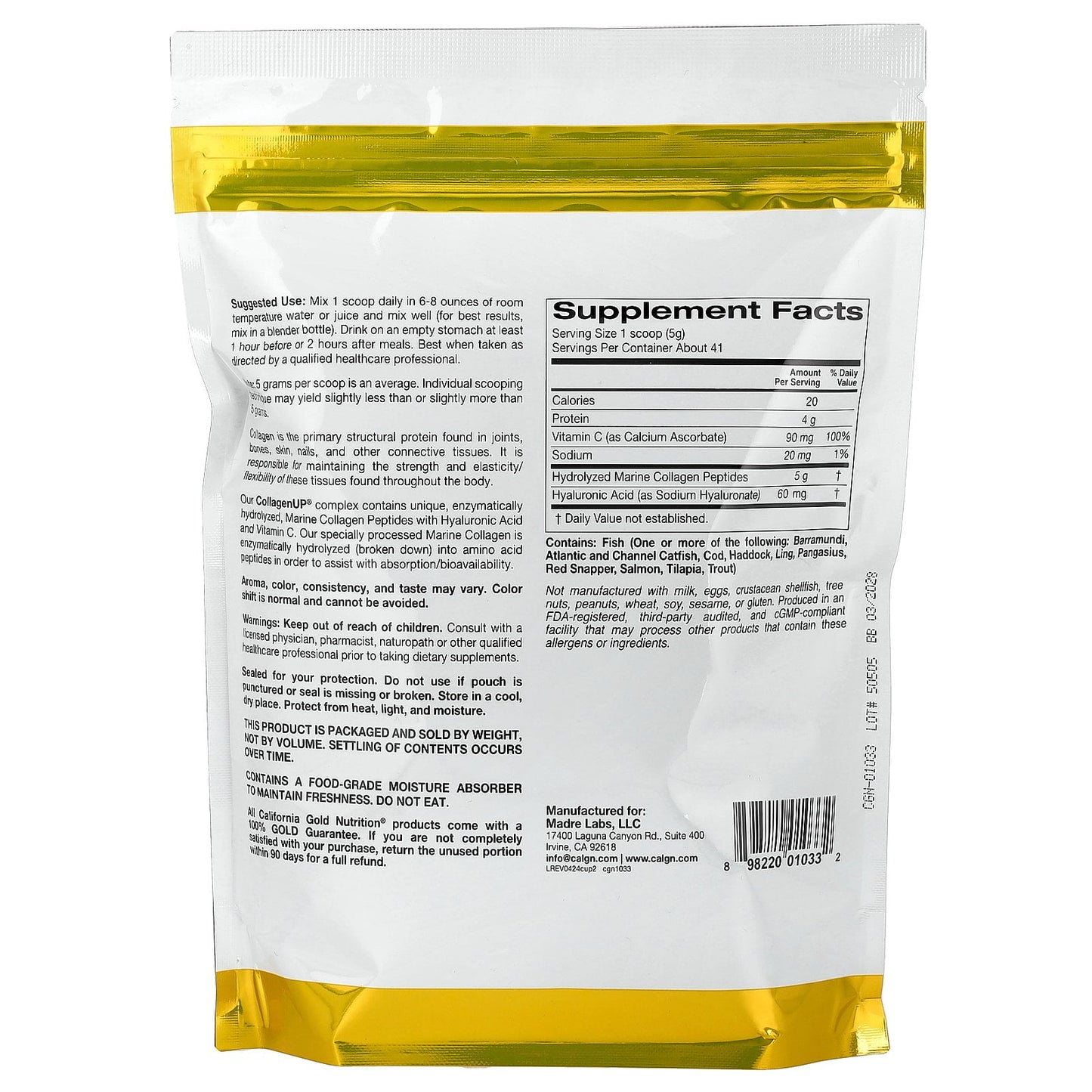 California Gold Nutrition CollagenUP®, Hydrolyzed Marine Collagen Peptides with Hyaluronic Acid and Vitamin C, Unflavored, 7.26 oz (206 g)