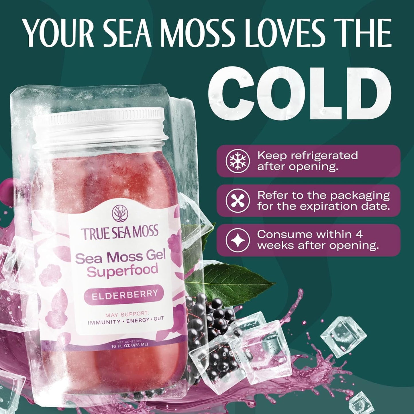 True Sea Moss Wildcrafted Irish Sea Moss Gel Supplement with Organic Elderberry 16 Fl oz