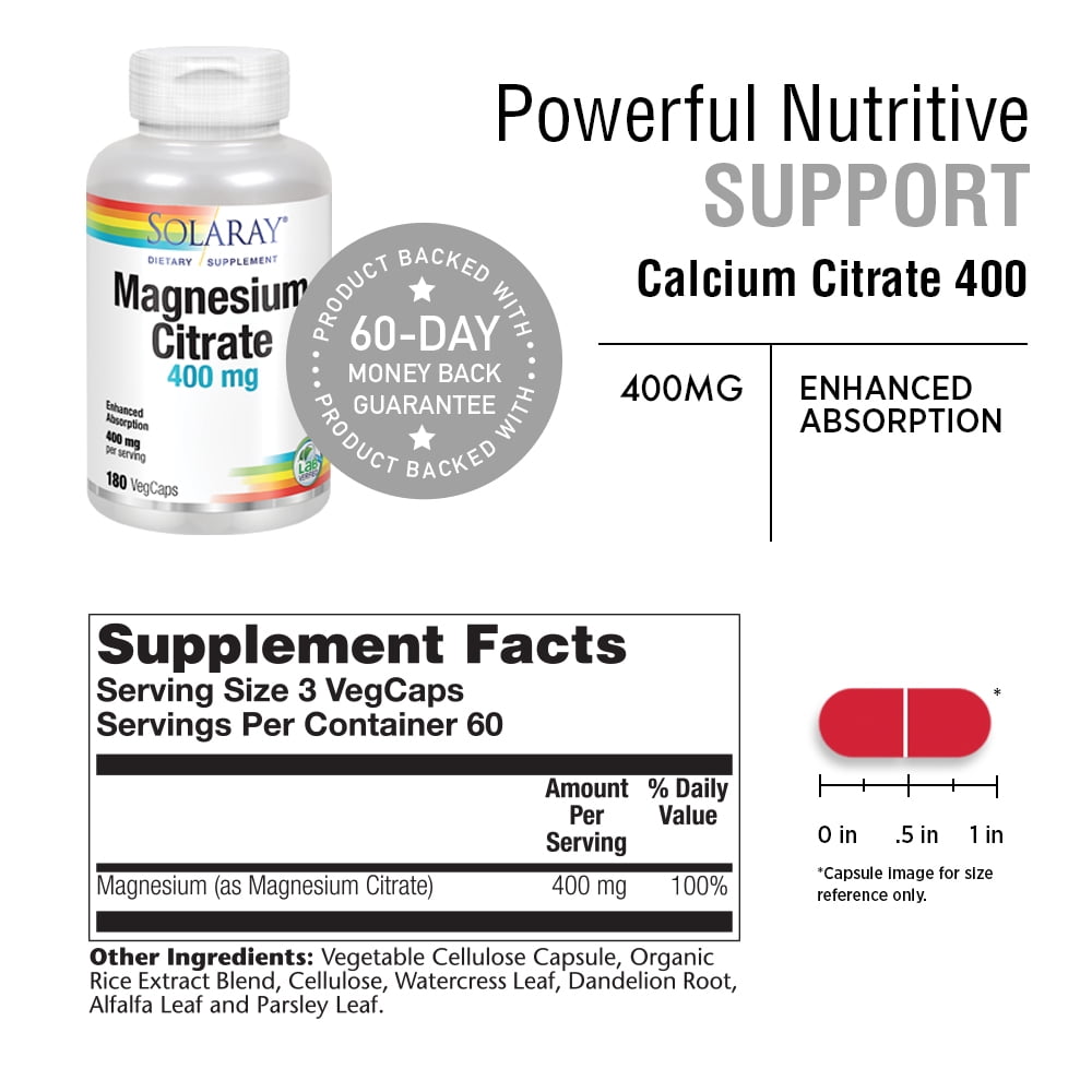 Solaray Magnesium Citrate 400mg | Nutritive Support for Healthy Heart, Muscle, Nerve & Circulatory Function | Chelated for Absorption | 180 Count
