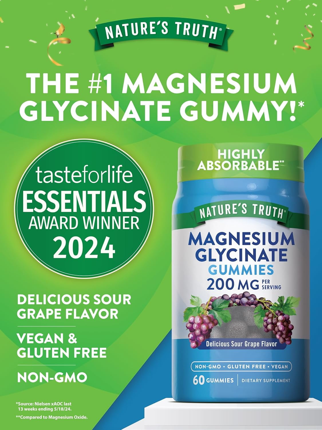 Magnesium Glycinate Gummies for Adults | 200mg | 60 Count | Grape Flavor | by Nature's Truth
