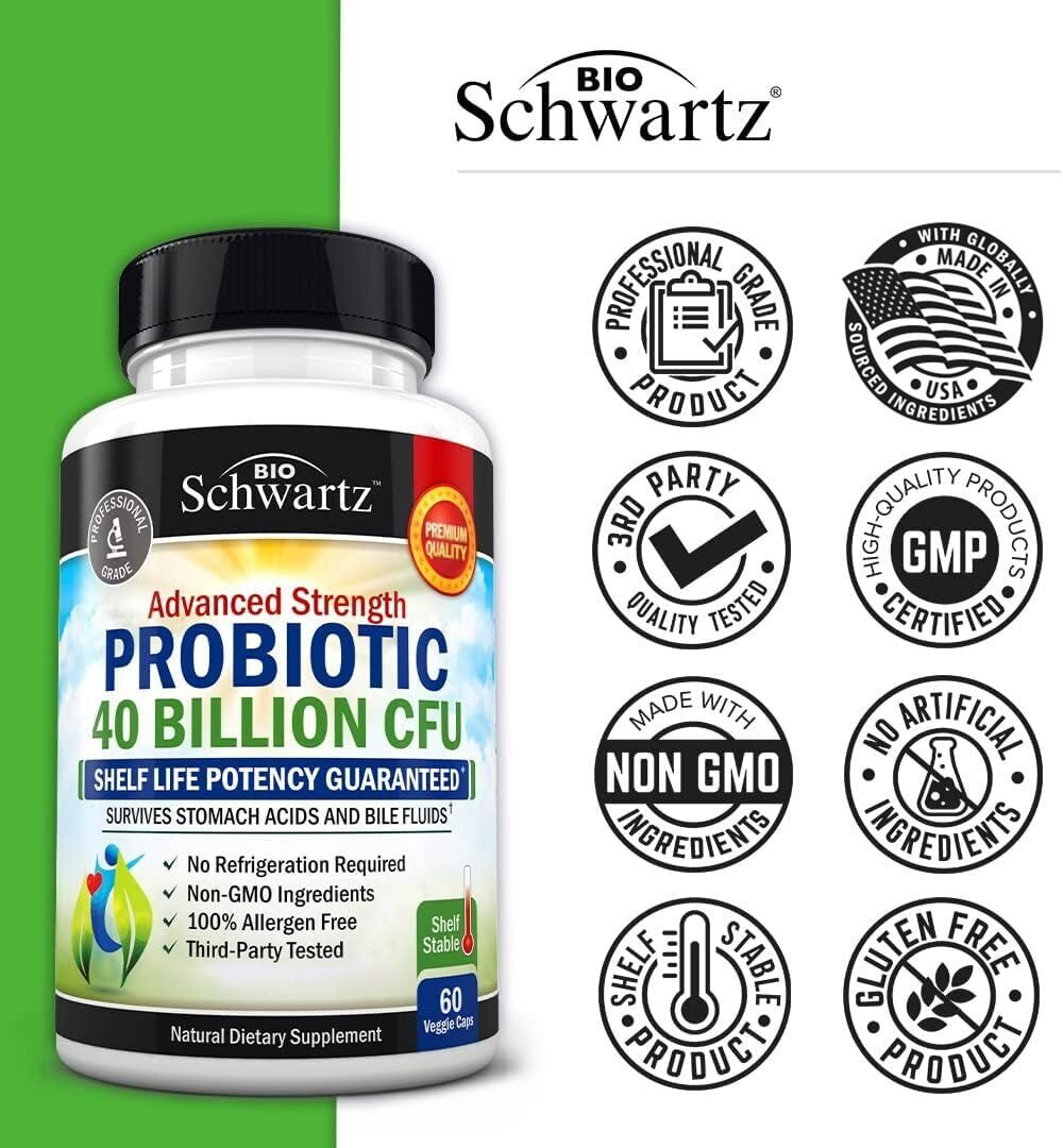 BioSchwartz Probiotic 40 Billion CFU - Probiotics Prebiotics, Lactobacillus Acidophilus, Astragalus for Gut Health, Digestive Relief - Shelf Stable Supplement, 60 Count