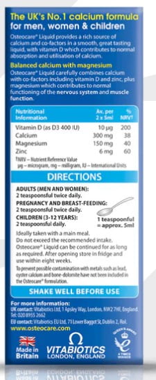 Vitabiotics Osteocare Liquid Calcium Magnesium Zinc Vitamin D3 200ml