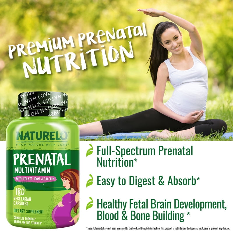 NATURELO Prenatal Multivitamin with Gentle Chelated Iron, Methyl Folate, Plant Calcium & Choline - Vegan, Vegetarian - Non-GMO - Gluten Free - 180 Capsules