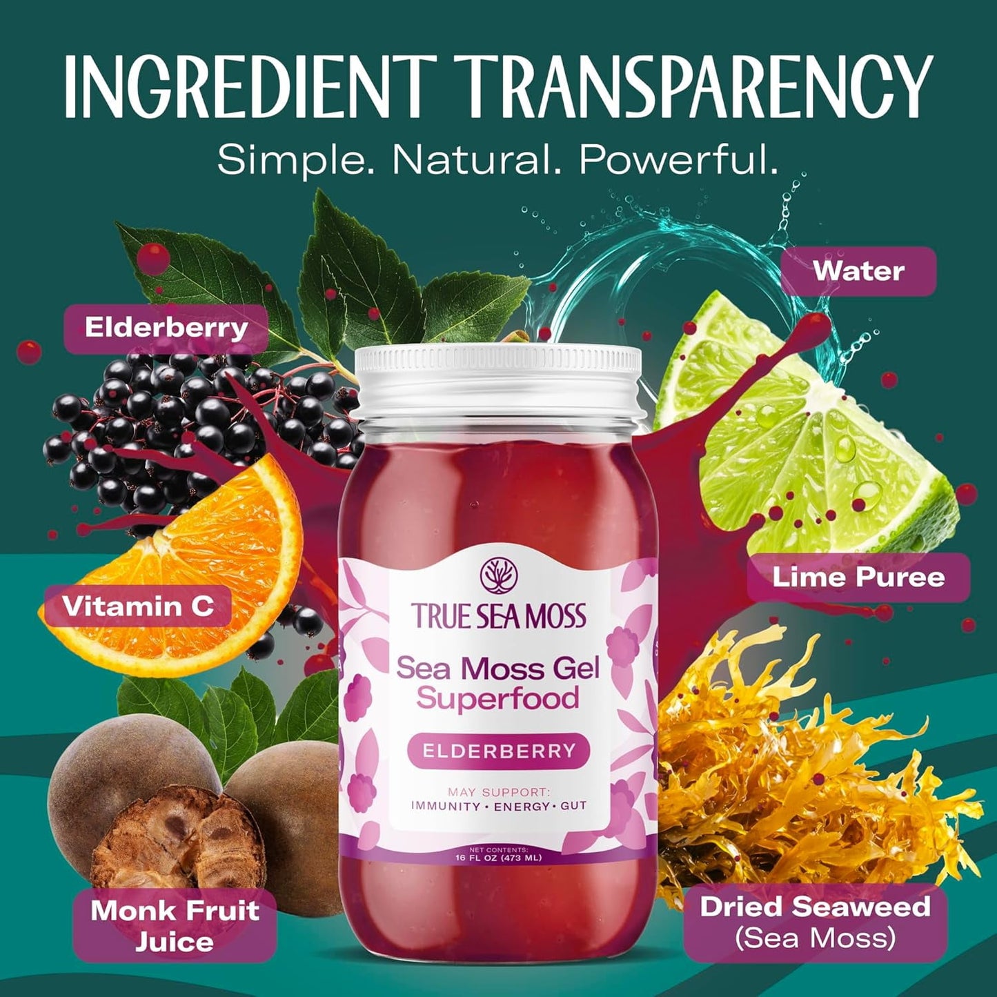 True Sea Moss Wildcrafted Irish Sea Moss Gel Supplement with Organic Elderberry 16 Fl oz