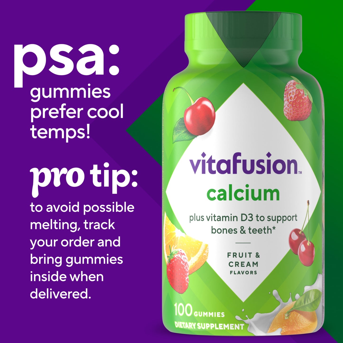 vitafusion Chewable Calcium Gummy Vitamins, Fruit and Cream Flavored, 100 Count