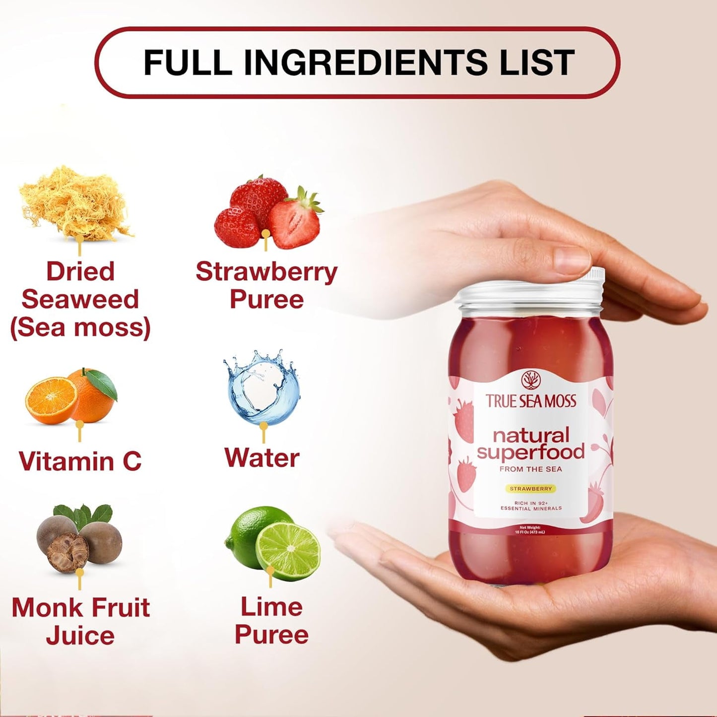 TrueSeaMoss Strawberry Sea Moss Wildcrafted Irish Gel Antioxidant Nutritional Supplements, 16 oz.