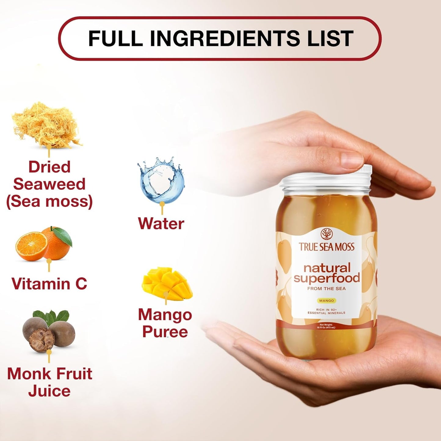TrueSeaMoss Mango Wildcrafted Irish Sea Moss Gel Organic Raw Antioxidant Nutritional Supplements, 16 fl oz.