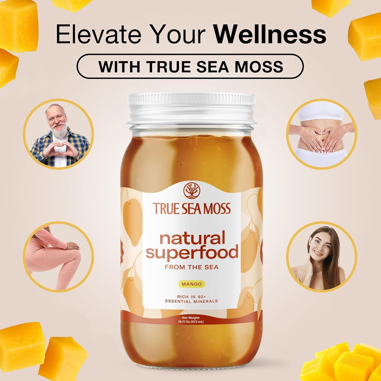 TrueSeaMoss Mango Wildcrafted Irish Sea Moss Gel Organic Raw Antioxidant Nutritional Supplements, 16 fl oz.