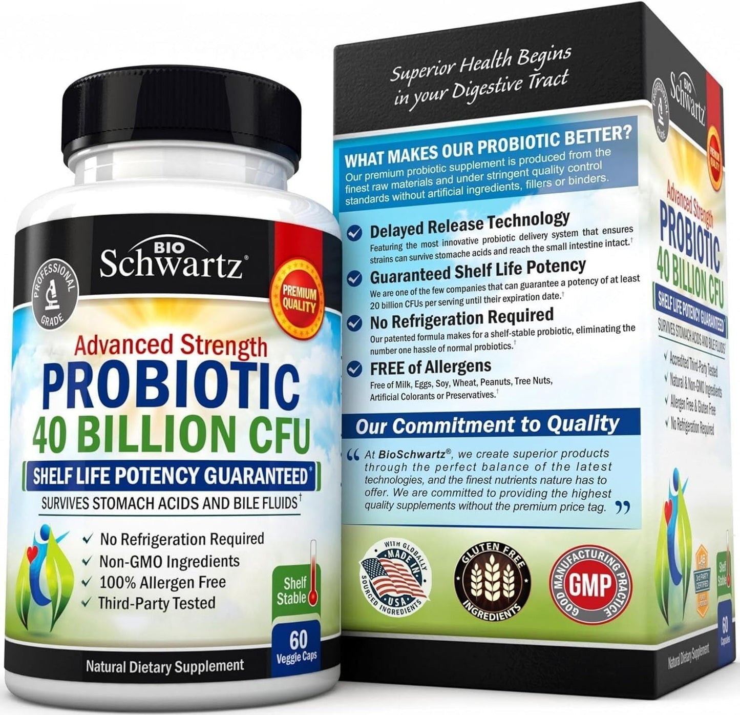 BioSchwartz Probiotic 40 Billion CFU - Probiotics Prebiotics, Lactobacillus Acidophilus, Astragalus for Gut Health, Digestive Relief - Shelf Stable Supplement, 60 Count