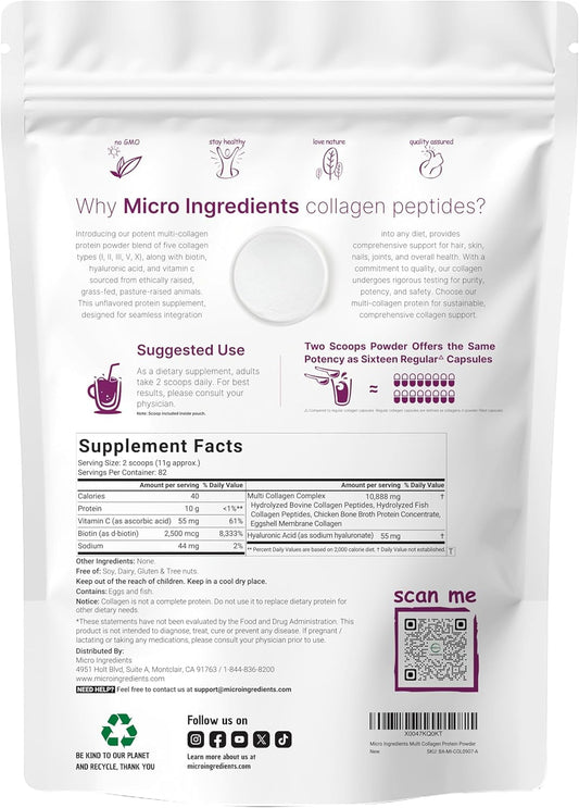 Micro Ingredients Multi Collagen Protein Powder, 2lb | Type I,II,III,V,X with Biotin, Hyaluronic Acid, Vitamin C - Unflavored Collagen Peptides