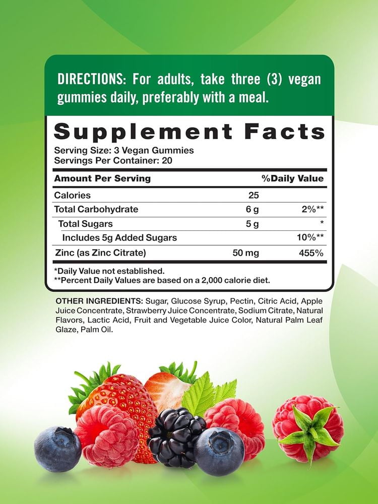 Zinc Gummies | 50mg | 60 count | Mixed Berry Flavor | For Men and Women | by Natures Truth