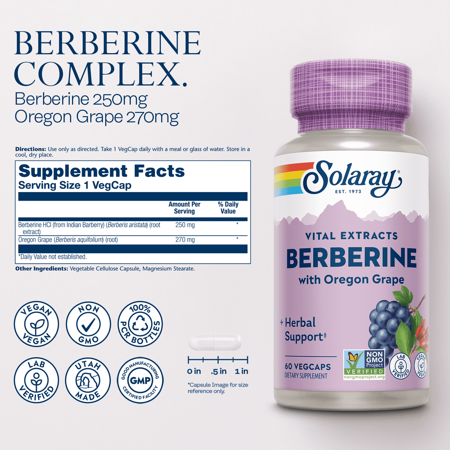 Solaray Berberine Extract with Oregon Grape, Healthy Blood Glucose & Digestion Support, AMPK Activator, 60 VegCaps