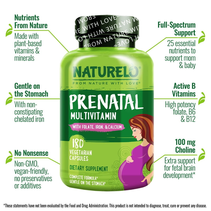 NATURELO Prenatal Multivitamin with Gentle Chelated Iron, Methyl Folate, Plant Calcium & Choline - Vegan, Vegetarian - Non-GMO - Gluten Free - 180 Capsules