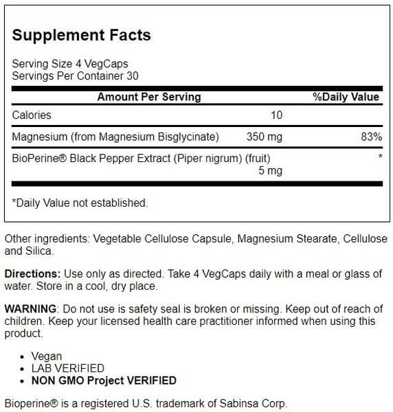 Solaray Magnesium Glycinate with BioPerine, Healthy Relaxation, Muscle Function & Bone Support, 30 Servings, 120 VegCaps