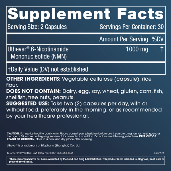 NMN Pro 1000™ - Uthever® NMN, 1000 mg per serving, 60 capsules