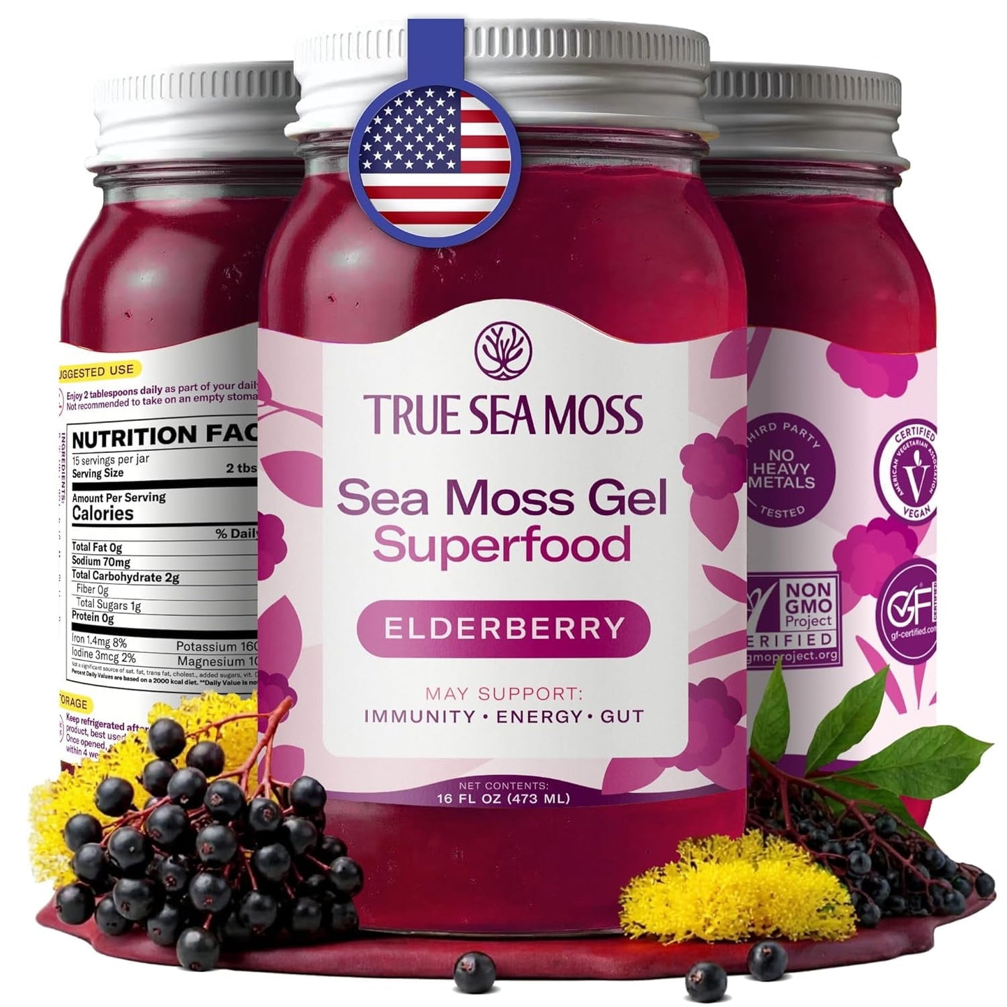 True Sea Moss Wildcrafted Irish Sea Moss Gel Supplement with Organic Elderberry 16 Fl oz
