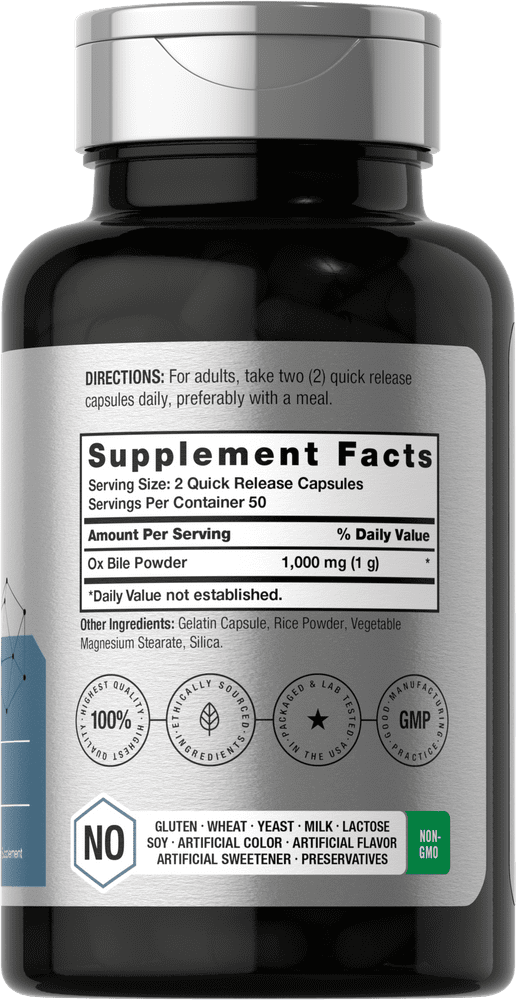 Ox Bile 1000mg | 100 Capsules | Digestive Enzymes Supplement | by Horbaach