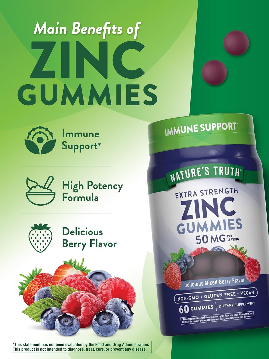 Zinc Gummies | 50mg | 60 count | Mixed Berry Flavor | For Men and Women | by Natures Truth