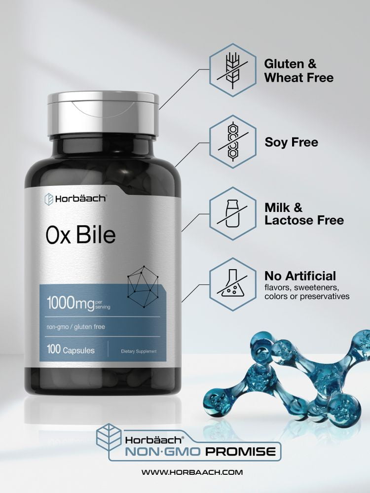 Ox Bile 1000mg | 100 Capsules | Digestive Enzymes Supplement | by Horbaach