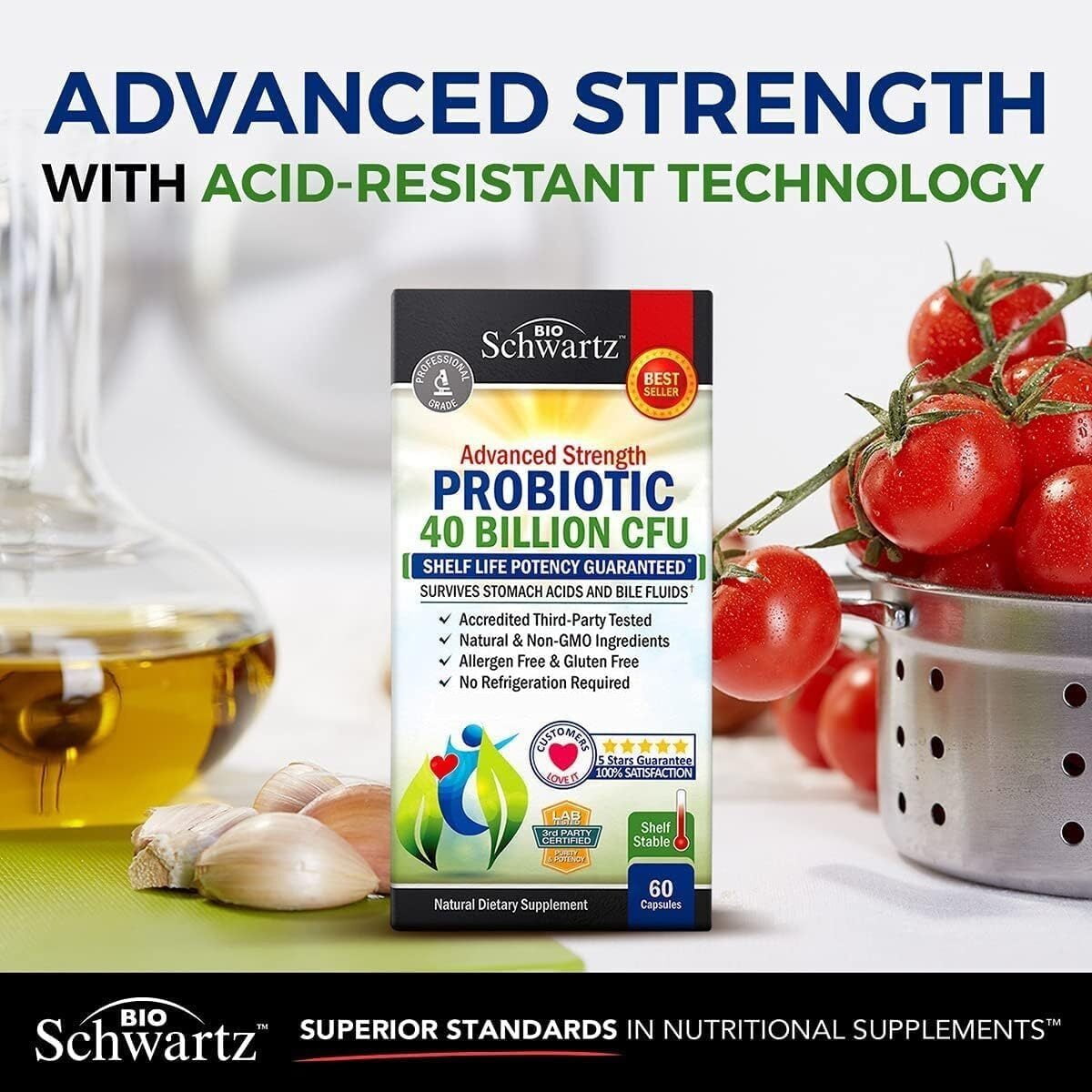 BioSchwartz Probiotic 40 Billion CFU - Probiotics Prebiotics, Lactobacillus Acidophilus, Astragalus for Gut Health, Digestive Relief - Shelf Stable Supplement, 60 Count
