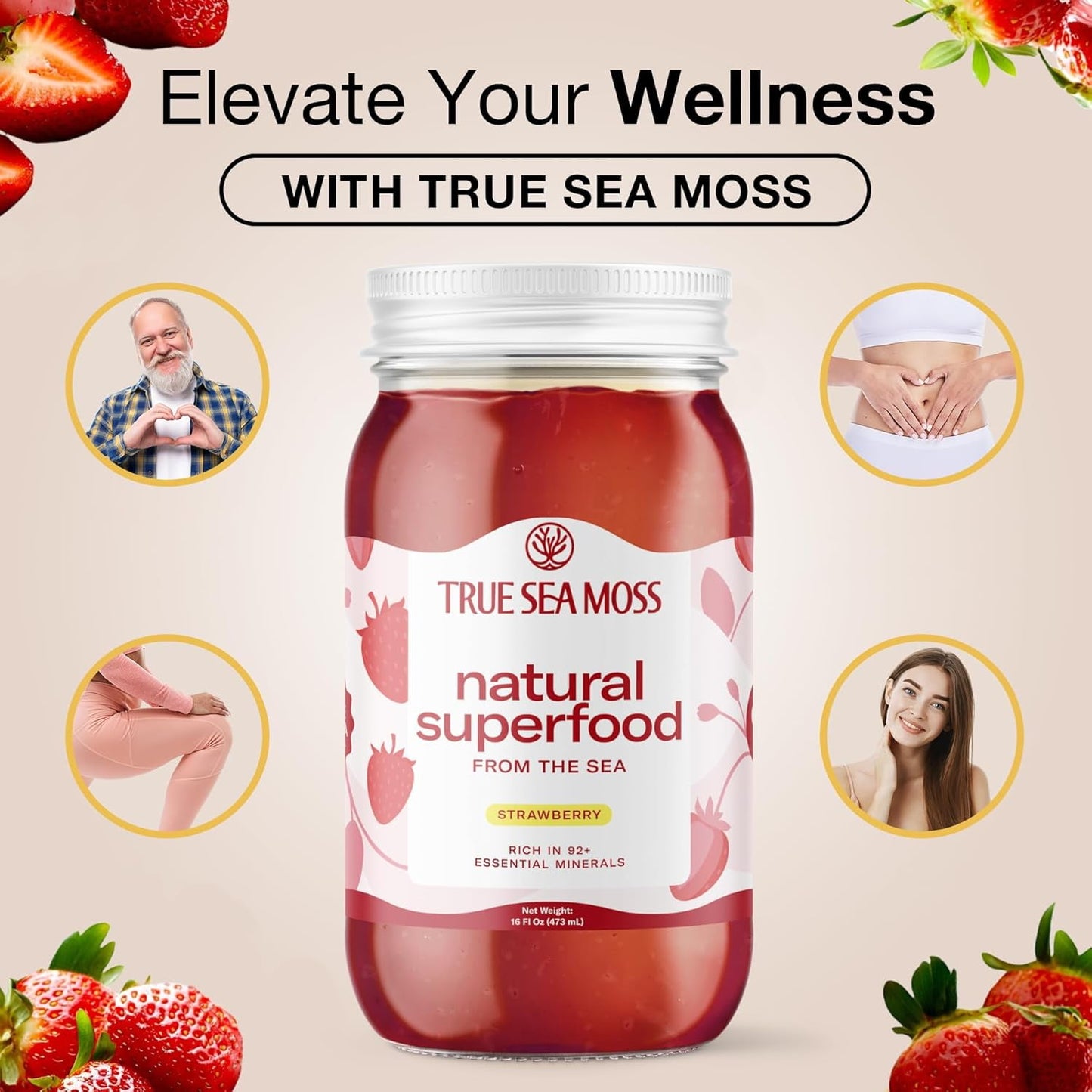 TrueSeaMoss Strawberry Sea Moss Wildcrafted Irish Gel Antioxidant Nutritional Supplements, 16 oz.