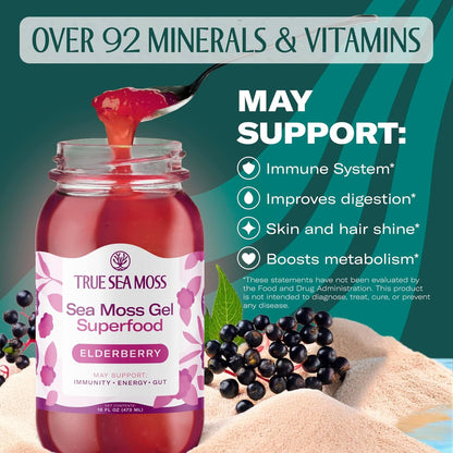 True Sea Moss Wildcrafted Irish Sea Moss Gel Supplement with Organic Elderberry 16 Fl oz