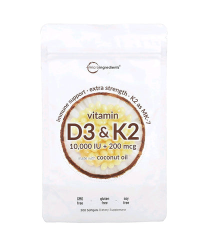 Micro Ingredients Vitamin D3 10,000 IU + K2 MK-7 200 mcg, 300 Softgels | Virgin Coconut Oil | 2-in-1 Bone, Immune & Heart Support | Easy to Swallow, Non-GMO