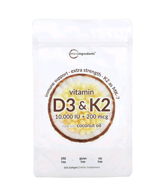 Micro Ingredients Vitamin D3 10,000 IU + K2 MK-7 200 mcg, 300 Softgels | Virgin Coconut Oil | 2-in-1 Bone, Immune & Heart Support | Easy to Swallow, Non-GMO