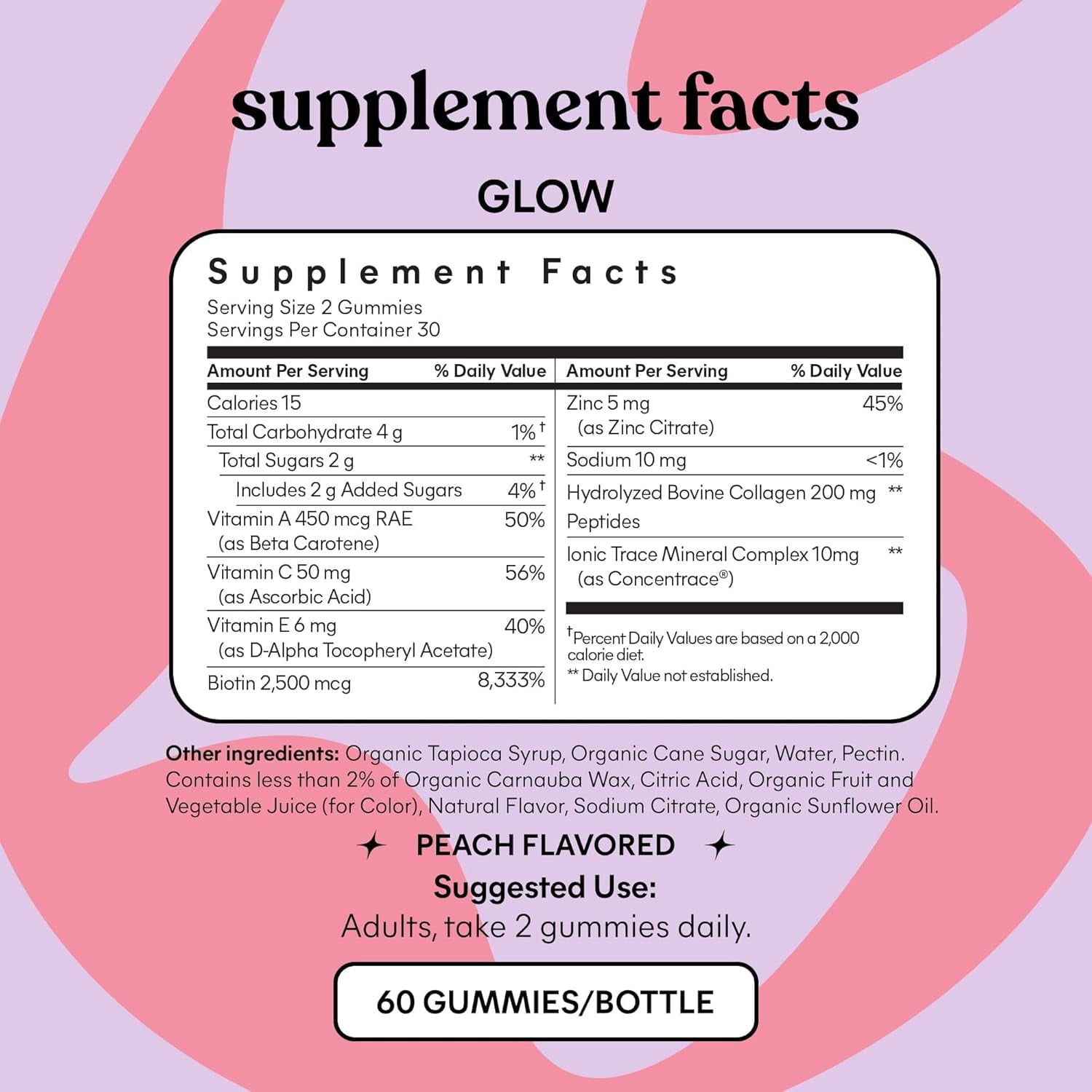 Lemme Glow Collagen Gummies for Thick Hair, Strong Nails & Healthy Skin with Multi-Collagen Peptides, Biotin, Trace Minerals, Zinc, Vitamins A, C & E, Dairy & Gluten Free, Peach Flavor, 60 Count