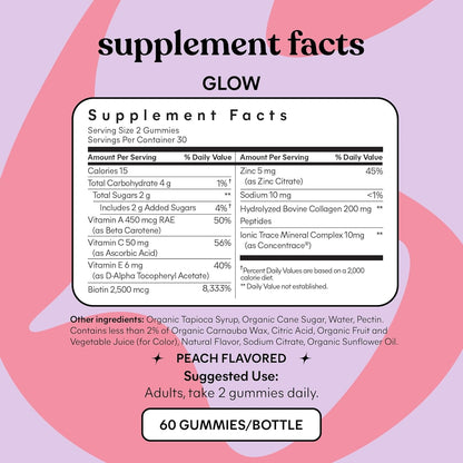 Lemme Glow Collagen Gummies for Thick Hair, Strong Nails & Healthy Skin with Multi-Collagen Peptides, Biotin, Trace Minerals, Zinc, Vitamins A, C & E, Dairy & Gluten Free, Peach Flavor, 60 Count