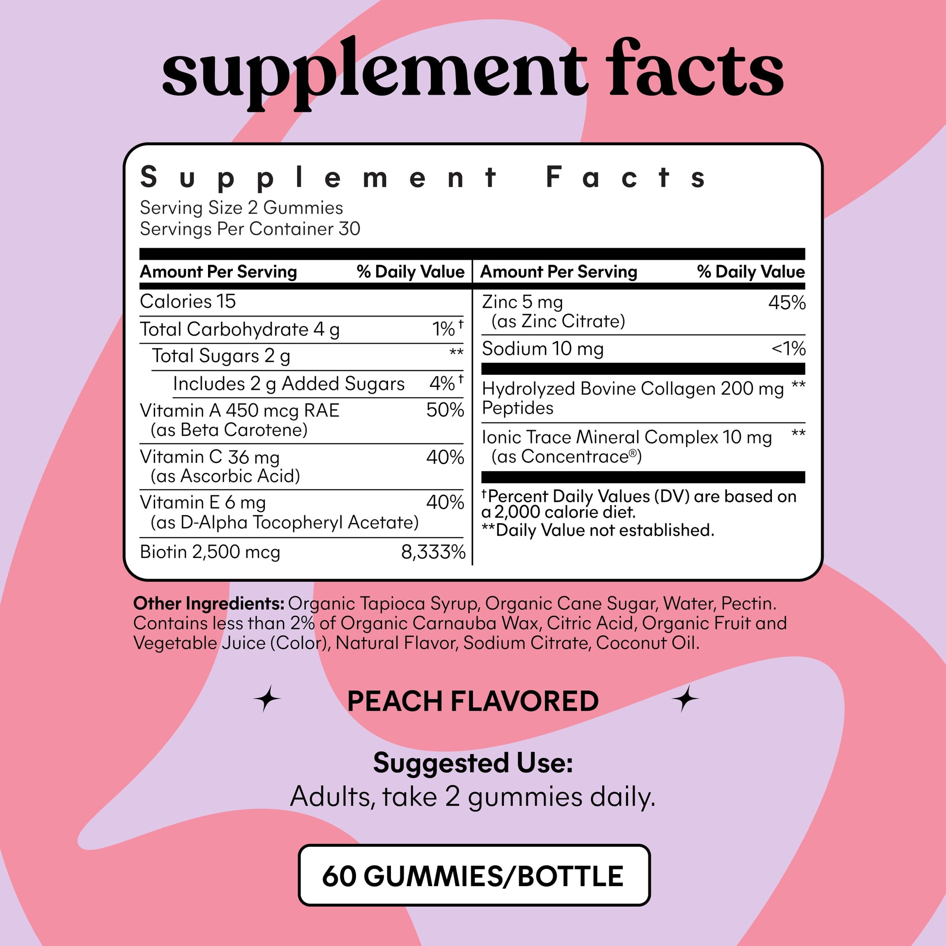 Lemme Glow Collagen Gummies for Thick Hair, Strong Nails & Healthy Skin with Multi-Collagen Peptides, Biotin, Trace Minerals, Zinc, Vitamins A, C & E, Dairy & Gluten Free, Peach Flavor, 60 Count