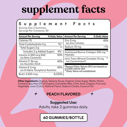 Lemme Glow Collagen Gummies for Thick Hair, Strong Nails & Healthy Skin with Multi-Collagen Peptides, Biotin, Trace Minerals, Zinc, Vitamins A, C & E, Dairy & Gluten Free, Peach Flavor, 60 Count