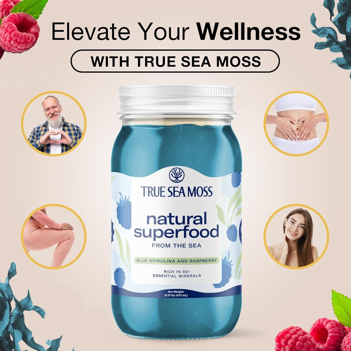 Trueseamoss Wildcrafted Sea Moss Gel with Blue Spirulina, Vegan Superfood for Wellness, 16 oz