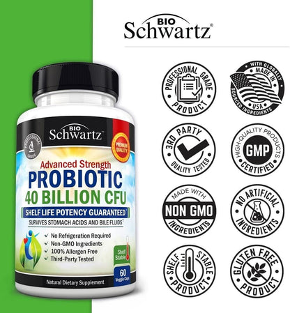BioSchwartz Probiotic 40 Billion CFU - Probiotics Prebiotics, Lactobacillus Acidophilus, Astragalus for Gut Health, Digestive Relief - Shelf Stable Supplement, 60 Count