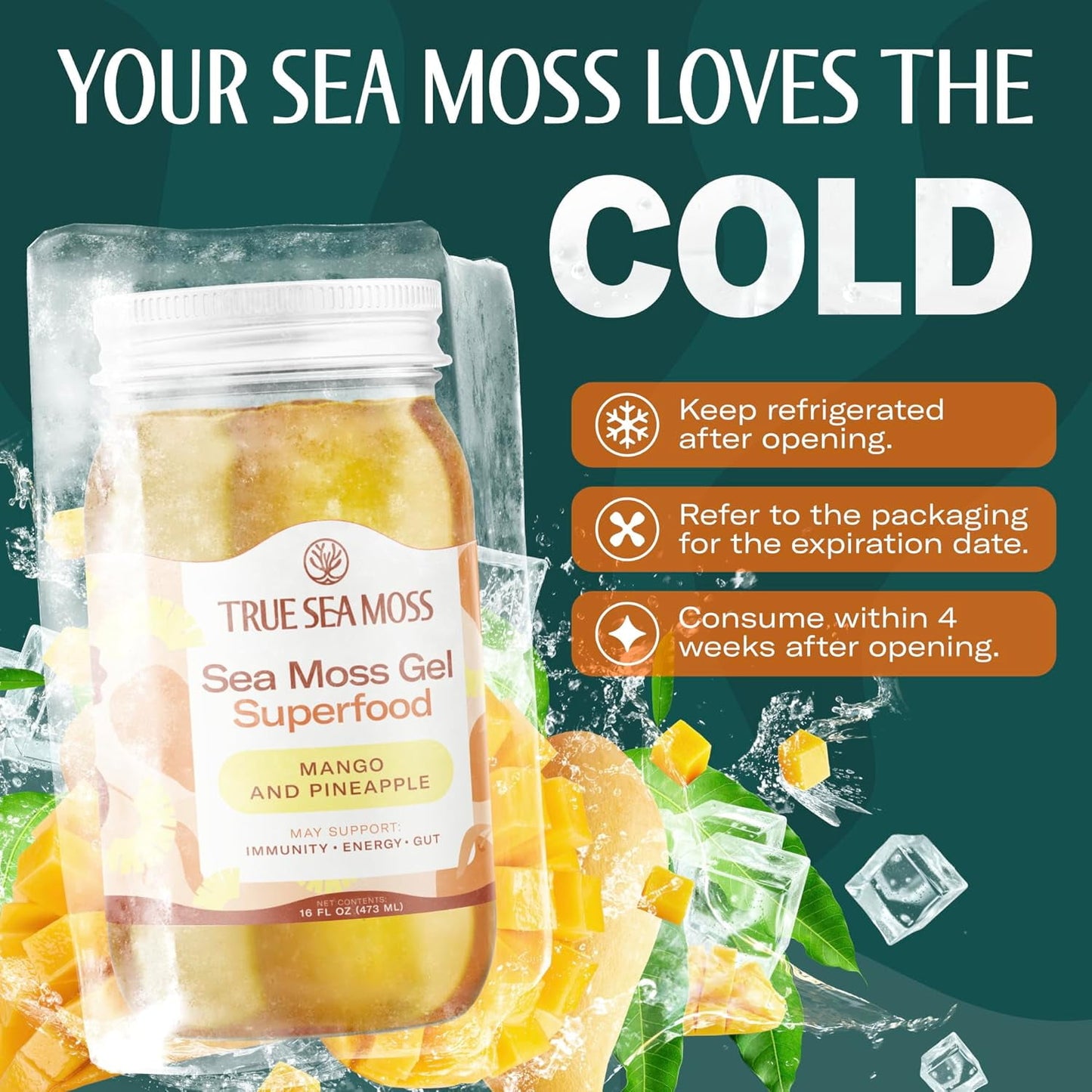 TrueSeaMoss Wildcrafted Irish Sea Moss Gel Superfood - Mango/Pineapple, Pack of 1 Organic Seamoss - Made in USA