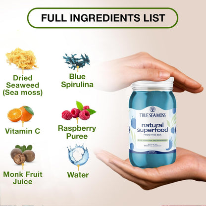 Trueseamoss Wildcrafted Sea Moss Gel with Blue Spirulina, Vegan Superfood for Wellness, 16 oz