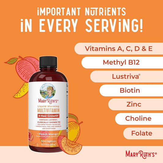 MaryRuth's Liquid Multivitamin + Lustriva® Hair Growth Thickness in Women's hair Biotin 10000mcg Vitamin D B Vitamins Ages 18+ 15.22 fl oz