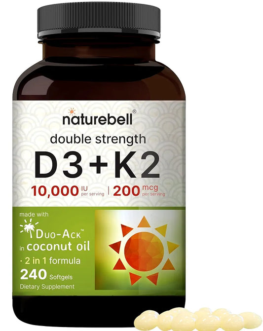 NatureBell Vitamin D3 10,000 IU + K2 200 mcg, 240 Softgels | Daily High Potency Formula with Coconut Oil | Bone, Heart & Immune Support | MK-7 Form | Non-GMO