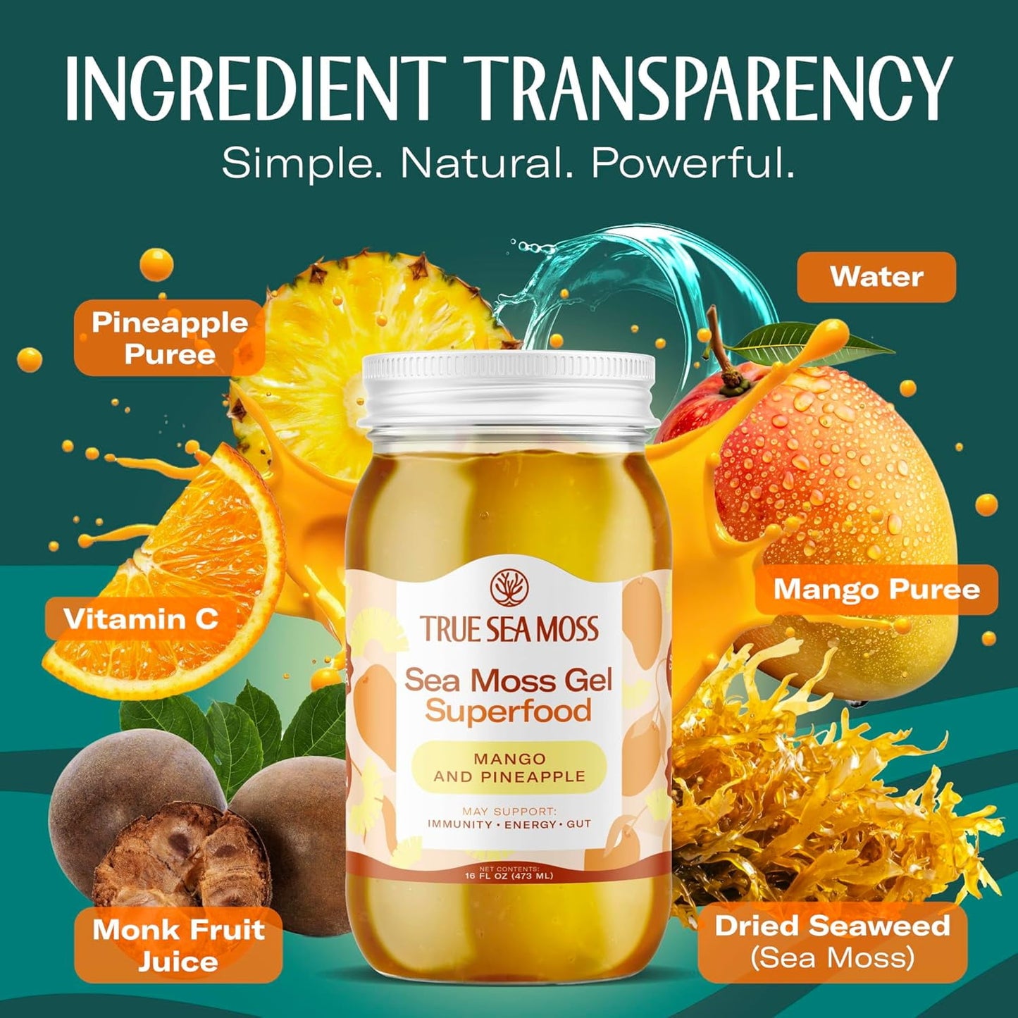 TrueSeaMoss Wildcrafted Irish Sea Moss Gel Superfood - Mango/Pineapple, Pack of 1 Organic Seamoss - Made in USA