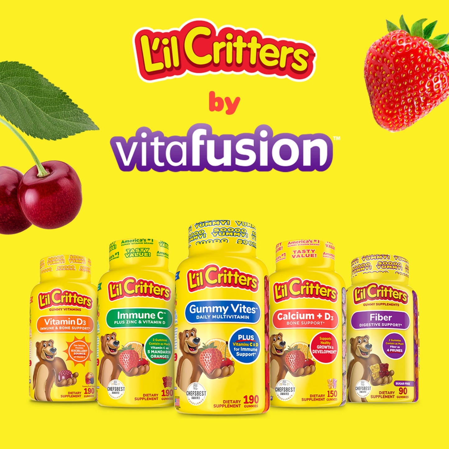 L’il Critters Calcium + D3 Daily Gummy Supplement for Kids, for Bone Support, Orange, Strawberry and Cherry Flavors, 150 Gummies
