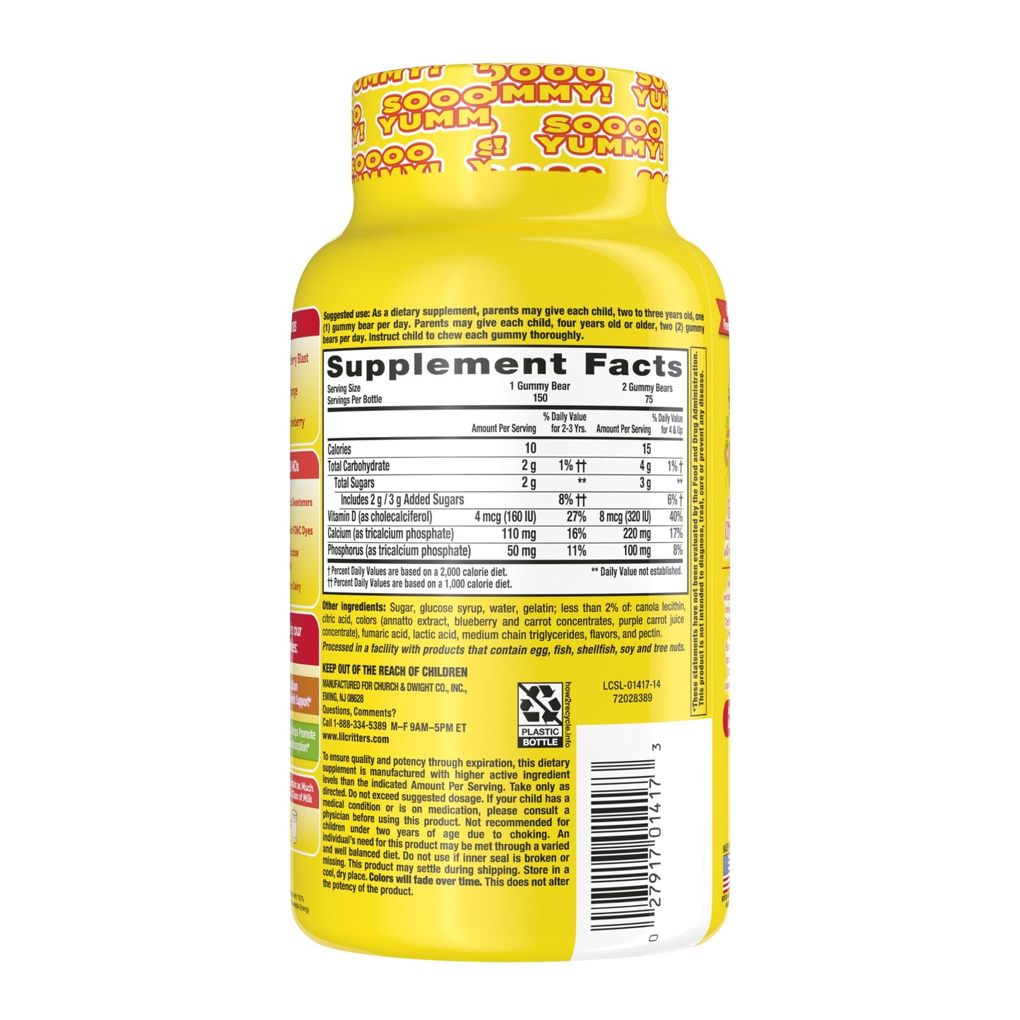 L’il Critters Calcium + D3 Daily Gummy Supplement for Kids, for Bone Support, Orange, Strawberry and Cherry Flavors, 150 Gummies