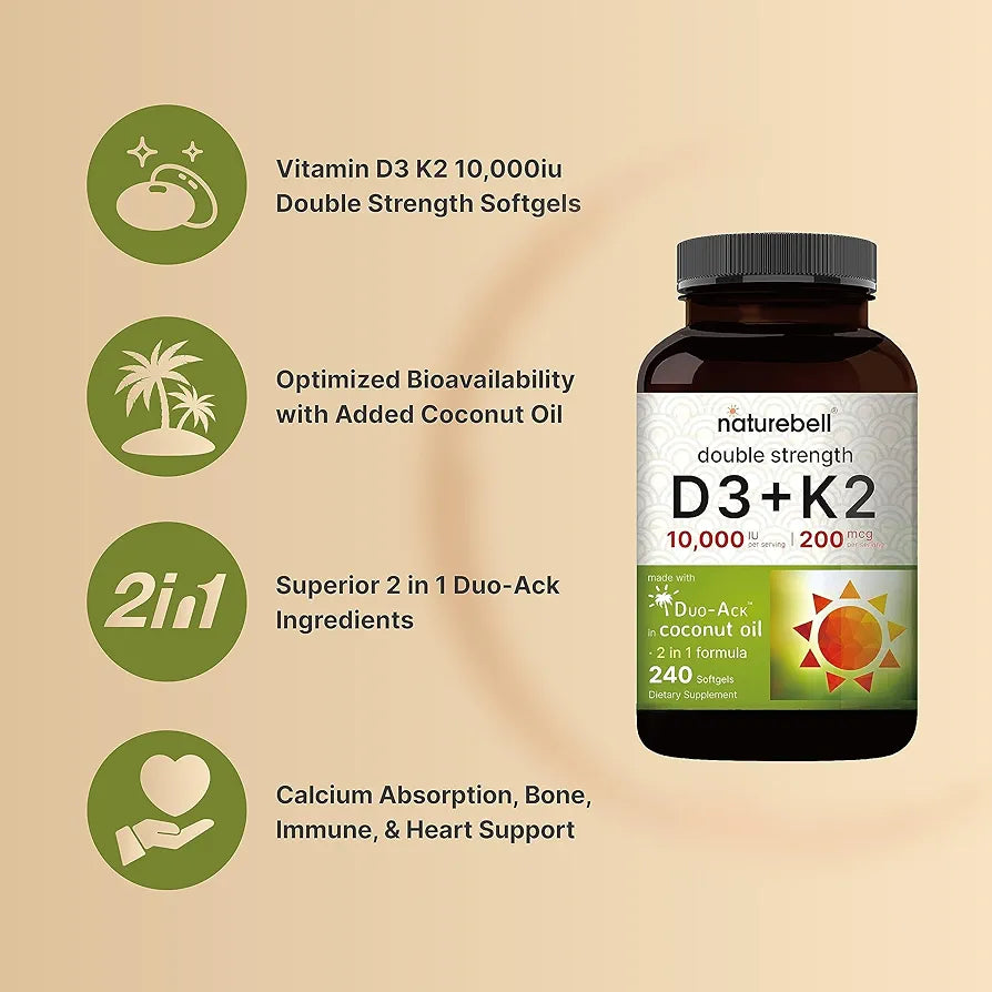 NatureBell Vitamin D3 10,000 IU + K2 200 mcg, 240 Softgels | Daily High Potency Formula with Coconut Oil | Bone, Heart & Immune Support | MK-7 Form | Non-GMO