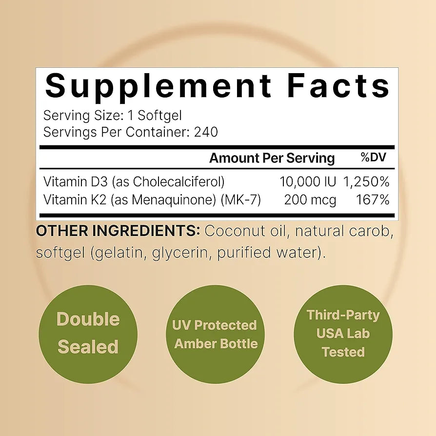 NatureBell Vitamin D3 10,000 IU + K2 200 mcg, 240 Softgels | Daily High Potency Formula with Coconut Oil | Bone, Heart & Immune Support | MK-7 Form | Non-GMO