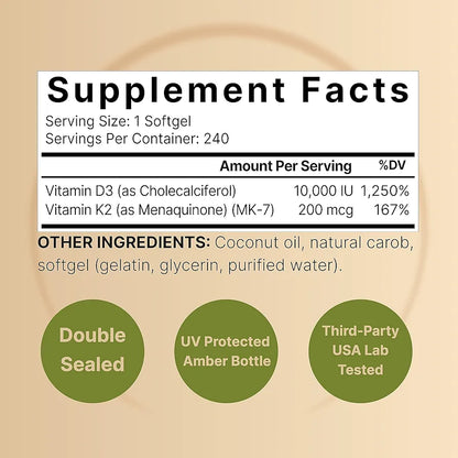 NatureBell Vitamin D3 10,000 IU + K2 200 mcg, 240 Softgels | Daily High Potency Formula with Coconut Oil | Bone, Heart & Immune Support | MK-7 Form | Non-GMO
