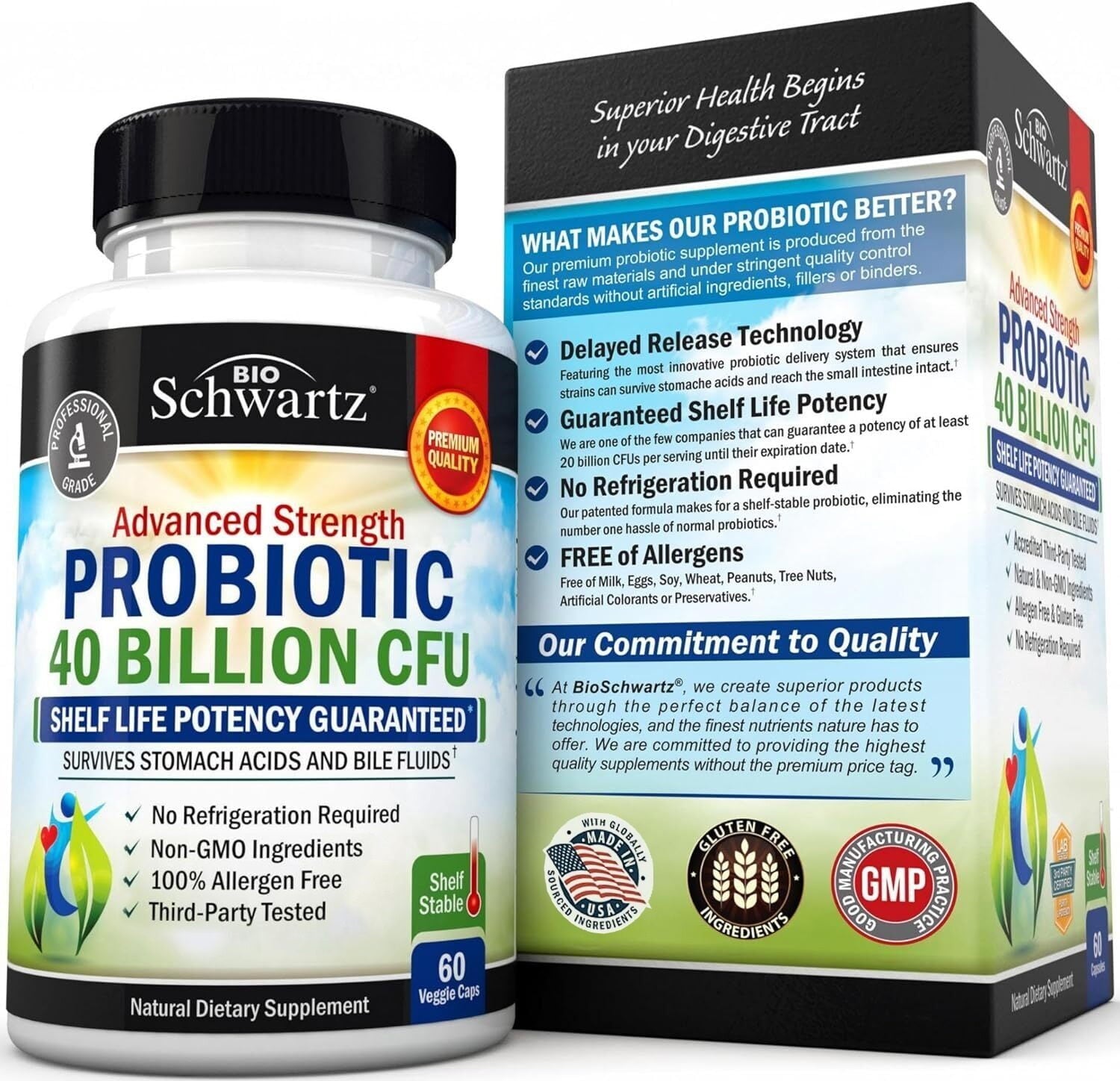 BioSchwartz Probiotic 40 Billion CFU - Probiotics Prebiotics, Lactobacillus Acidophilus, Astragalus for Gut Health, Digestive Relief - Shelf Stable Supplement, 60 Count